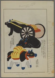 Japanse speelgoed, uit Unai no tomo (Vrienden van een Kind) door Shimizu Seifu. Ossen en kar.